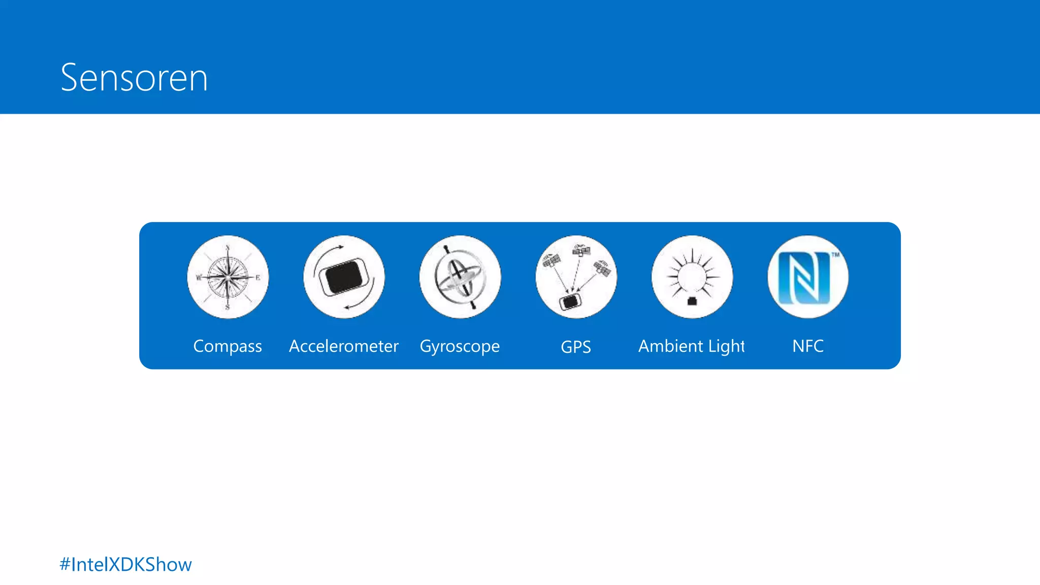 Sensoren
Accelerometer Gyroscope GPS Ambient LightCompass NFC
#IntelXDKShow
 