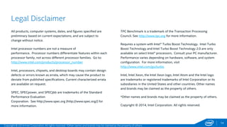 14 
All products, computer systems, dates, and figures specified are 
preliminary based on current expectations, and are subject to 
change without notice. 
Intel processor numbers are not a measure of 
performance. Processor numbers differentiate features within each 
processor family, not across different processor families. Go to: 
http://www.intel.com/products/processor_number 
Intel, processors, chipsets, and desktop boards may contain design 
defects or errors known as errata, which may cause the product to 
deviate from published specifications. Current characterized errata 
are available on request. 
SPEC, SPECpower, and SPECjbb are trademarks of the Standard 
Performance Evaluation 
Corporation. See http://www.spec.org (http://www.spec.org/) for 
more information. 
TPC Benchmark is a trademark of the Transaction Processing 
Council. See http://www.tpc.org for more information. 
Requires a system with Intel® Turbo Boost Technology. Intel Turbo 
Boost Technology and Intel Turbo Boost Technology 2.0 are only 
available on select Intel® processors. Consult your PC manufacturer. 
Performance varies depending on hardware, software, and system 
configuration. For more information, visit 
http://www.intel.com/go/turbo 
Intel, Intel Xeon, the Intel Xeon logo, Intel Atom and the Intel logo 
are trademarks or registered trademarks of Intel Corporation or its 
subsidiaries in the United States and other countries. Other names 
and brands may be claimed as the property of others. 
*Other names and brands may be claimed as the property of others. 
Copyright © 2014, Intel Corporation. All rights reserved. 
Legal Disclaimer 
Copyright © 2014 Intel Corporation. All rights reserved. *Other names and brands may be claimed as the property of others. 
 