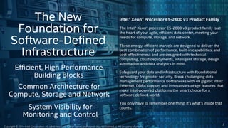 The New 
Foundation for 
Software-Defined 
Infrastructure 
Efficient, High Performance 
Building Blocks 
System Visibility for 
Monitoring and Control 
2 
Common Architecture for 
Compute, Storage and Network 
Intel® Xeon® Processor E5-2600 v3 Product Family 
The Intel® Xeon® processor E5-2600 v3 product family is at 
the heart of your agile, efficient data center, meeting your 
needs for compute, storage, and network. 
These energy-efficient marvels are designed to deliver the 
best combination of performance, built-in capabilities, and 
cost-effectiveness and are designed with technical 
computing, cloud deployments, intelligent storage, design 
automation and data analytics in mind. 
Safeguard your data and infrastructure with foundational 
technology for greater security. Break challenging data 
management performance bottlenecks with 40 gigabit Intel® 
Ethernet, DDR4 support and innovative storage features that 
make Intel-powered platforms the smart choice for a 
software defined world. 
You only have to remember one thing: It’s what’s inside that 
counts. 
Copyright © 2014 Intel Corporation. All rights reserved. *Other names and brands may be claimed as the property of others. 
 