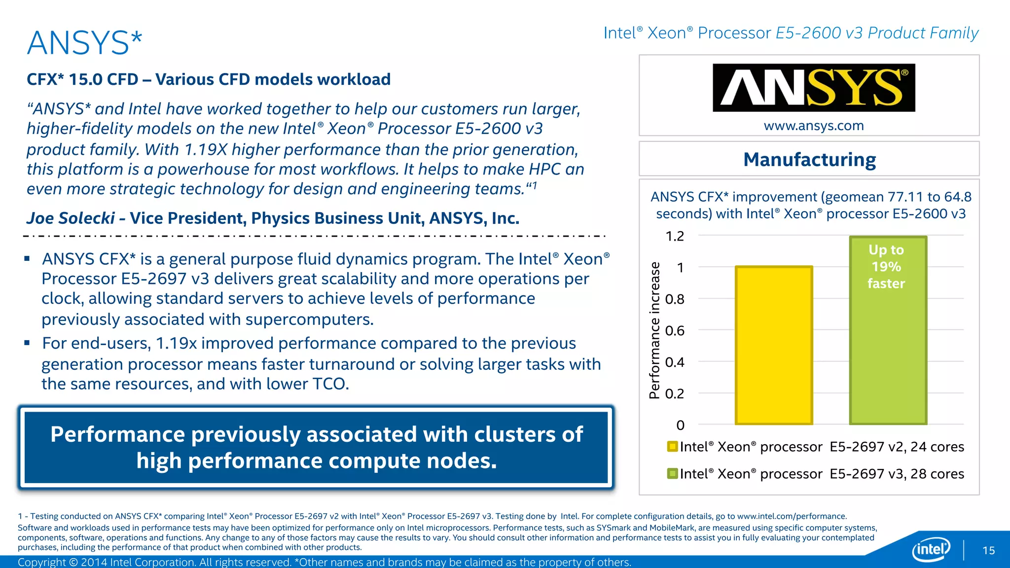0
0.2
0.4
0.6
0.8
1
1.2
1.4
1.6
1.8
Intel® Xeon® processor E5-2697 v2
Intel® Xeon® processor E5-2697 v3
Elapsed time decrease (2.78 hours to 1.56 hours)
with Intel® Xeon® processor E5-2697 v3, Intel®
AVX2, and Intel® SSD DC P3700
LSTC* - Intel® Better Together
LS-DYNA IMPLICIT HYBRID* R7.1.1 DP - MPP mode, LSTC cylc1e6
benchmark workload
“With the combination of Intel® Xeon® processor E5-2697 v3 and Intel®
Advanced Vector Extensions 2 (Intel® AVX2), Hybrid* users will see a
significant performance boost when running Implicit workloads. In our test
cases, we saw a 78% improvement, delivering results faster for more
efficient product designs.”1
Nathan Hallquist – Senior Developer LSTC
15
 Leading performance with Intel® AVX2 with Fused Multiply Add boost.
Intel® SSD for PCIe* delivers super I/O performance due to low I/O latency
and high I/O bandwidth.2
 Intel® AVX2 delivers significant speedup in factoring and solving FE
assembly equations matrix which are floating point intensive.
 LS-DYNA is a leading product in the Computer-Aided-Engineering market.
It is used by the automobile, aerospace, construction, military,
manufacturing, and bioengineering industries in worldwide.
Intel® AVX2 + Intel® SSD for PCIe* + DDR4 + QPI + 22nm = WOW
Intel® Xeon® Processor E5-2600 v3 Product Family
Manufacturing
Up to
78%
faster!!
www.lstc.com
1,2 - Testing conducted on LSTC LS-DYAN Hybrid* comparing Intel® Xeon® Processor E5-2697 v2 with Intel® Xeon® Processor E5-2697 v3, and Intel® SSD DC S3700 series with Intel® SSD DC P3700 series. Testing done by
Intel. For complete configuration details, see slide 54.
Software and workloads used in performance tests may have been optimized for performance only on Intel microprocessors. Performance tests, such as SYSmark and MobileMark, are measured using specific computer systems,
components, software, operations and functions. Any change to any of those factors may cause the results to vary. You should consult other information and performance tests to assist you in fully evaluating your contemplated
purchases, including the performance of that product when combined with other products.
Performanceincrease
Copyright © 2015 Intel Corporation. All rights reserved. *Other names and brands may be claimed as the property of others.
 