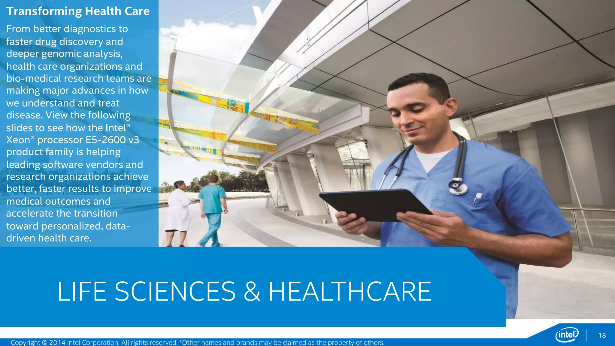 0
0.2
0.4
0.6
0.8
1
1.2
1.4
1.6
Intel® Xeon® processor E5-2697 v2
Intel® Xeon® processor E5-2697 v3
18
MSC Software* – Intel® Better Together
Nastran* - Static analysis workload
“MSC Nastran* takes advantage of the extra cores Intel® Xeon® processor
E5-2697 v3 through the Intel® MKL library, and faster performance with the
Intel® Solid-State Drive Data Center P3700 resulting in a 43% faster run
time over the previous generation processor”1
Travis Austin - High Performance Computing Manager, MSC Software
Up to 43% faster, more cores, increased bandwidth,
improved run times! What’s Not to Like?
Manufacturing
Intel® Xeon® Processor E5-2600 v3 Product Family
 Problem Size: 8 Million Degree-Of-Freedom set definitions.
 Observation: MSC Nastran* utilizes most available cores in a Linear Static
analysis especially by accelerating the decomposition using the Intel®
AVX2 instructions.
 The Intel® Xeon® processor E5-2697 v3 increased memory bandwidth,
allows better utilization of computational resources, and significantly
improved run times.2
www.mscsoftware.com
MSC Nastran* static analysis increased
performance (21.43 to 15 minutes) with Intel®
Xeon® processor E5-2697 v3, Intel® AVX2, and
Intel® SSD DC P3700
Up to
43%
faster!
1,2 - Testing conducted on MSC Nastran* static analysis comparing Intel® Xeon® Processor E5-2697 v2 with Intel® Xeon® Processor E5-2697 v3, and Intel® SSD DC S3700 series with Intel® SSD DC P3700 series. Testing done by
Intel. For complete configuration details, see slide 54.
Software and workloads used in performance tests may have been optimized for performance only on Intel microprocessors. Performance tests, such as SYSmark and MobileMark, are measured using specific computer systems,
components, software, operations and functions. Any change to any of those factors may cause the results to vary. You should consult other information and performance tests to assist you in fully evaluating your contemplated
purchases, including the performance of that product when combined with other products.
Performanceincrease
Copyright © 2015 Intel Corporation. All rights reserved. *Other names and brands may be claimed as the property of others.
 