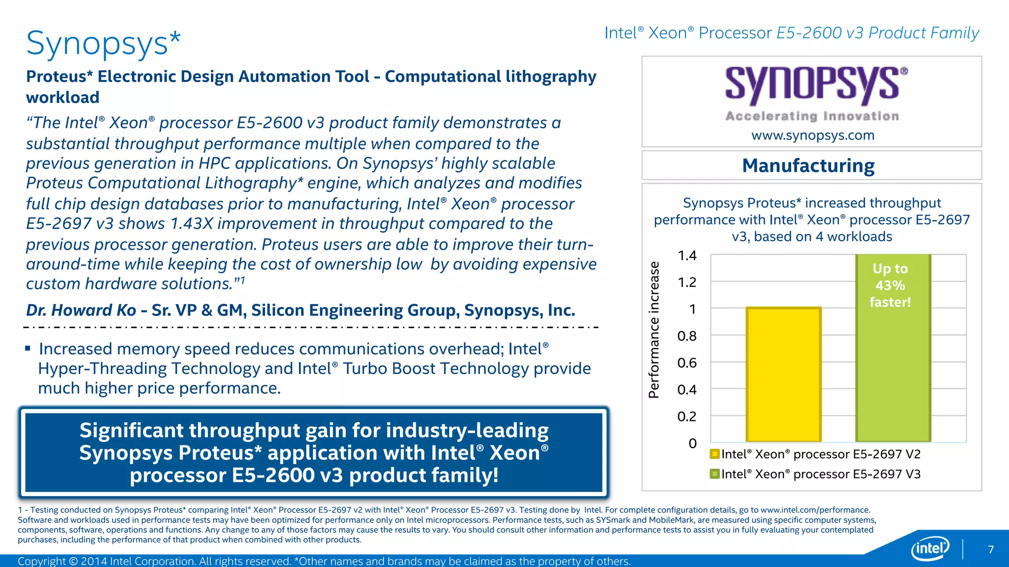 7
Speed Time to Market for High Quality Products
Advanced simulation and modeling applications are transforming the way
companies create and test new product designs. Server platforms based
on the Intel® Xeon® processor E5-2600 v3 product family provide 50
percent more cores and cache and increased processing efficiency for
floating point, vector, and integer calculations. As shown in the following
slides, these advances are helping leading software vendors and their
customers accelerate their workflows so they can get higher quality
products to market faster and at lower cost.
Copyright © 2015 Intel Corporation. All rights reserved. *Other names and brands may be claimed as the property of others.
MANUFACTURING
 