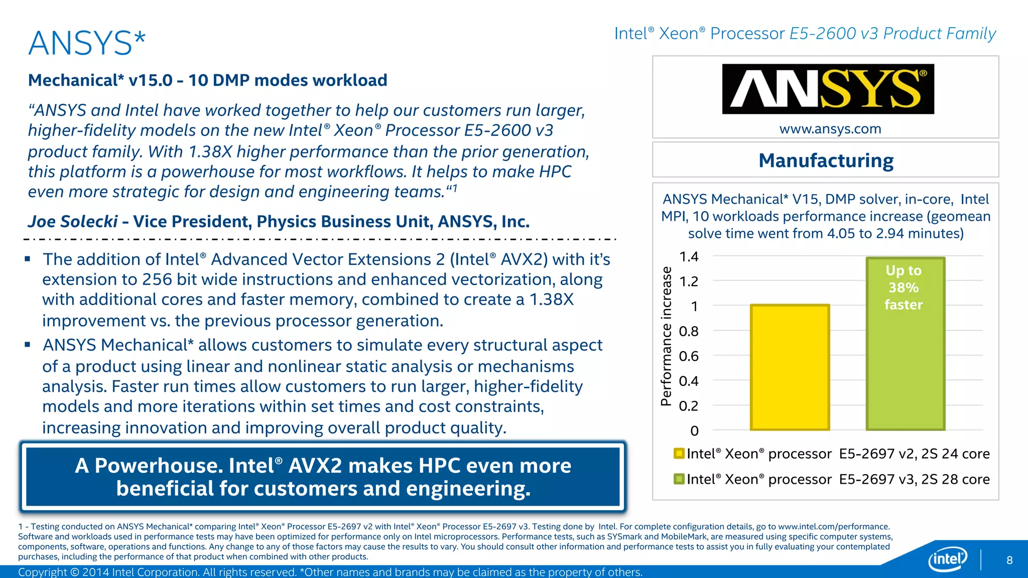 0
1
2
3
4
SOL103 SOL111 AMLS
Intel® Xeon® processor E5-2697 v2 + Intel®
SSD DC S3700
8
MSC Software*
MSC Nastran* SOL103, SOL111, AMLS
Better together with Intel hardware, technology and software!
 Nastran* is a major CAE implicit FEA app and direct sparse solver used
by 900 of the top 1000 manufacturers in the world, including:
 Aerospace & Defense
 Automotive & Transportation
 Heavy Machinery
 Medical Devices
 Oil and Gas
 Nastran performance improved, up to 4.23X1, with:
 Intel® Xeon® processor E5-2697 v3; more memory bandwidth and
more cores.
 Intel® AVX2 and Intel® FMA; delivers significant factoring speedup2.
 Intel® Solid-State Drive Data Center Family for PCIe* (Intel® SSD DC
P3700 Series); delivers improved I/O performance.
28 Cores, Intel® AVX2, Intel® FMA, Intel® QuickPath
Interconnect, 128GB DDR4, and Intel® SSD DC P3700 Series
helps improve MSC Nastran* performance by up to 323%!
Manufacturing
Intel® Xeon® Processor E5-2600 v3 Product Family
www.mscsoftware.com
MSC Nastran* SOL103 performance increase with Intel® Xeon®
processor E5-2697 v3 and Intel® SSD DC S3700 and P3700
Up to
323%
faster!
1,2 - Testing conducted on MSC Nastran* SOL103, SOL111, AMLS, comparing Intel® Xeon® Processor E5-2697 v2 with Intel® Xeon® Processor E5-2697 v3, and Intel® SSD DC S3700 series with Intel® SSD DC P3700 series.
Testing done by Intel. For complete configuration details, see slide 53.
Software and workloads used in performance tests may have been optimized for performance only on Intel microprocessors. Performance tests, such as SYSmark and MobileMark, are measured using specific computer systems,
components, software, operations and functions. Any change to any of those factors may cause the results to vary. You should consult other information and performance tests to assist you in fully evaluating your contemplated
purchases, including the performance of that product when combined with other products.
XPerformanceIncrease
Up to
217%
faster!
Up to
121%
faster!
Intel Better Together:
XEON + AVX2 + SSD
N E W
Copyright © 2015 Intel Corporation. All rights reserved. *Other names and brands may be claimed as the property of others.
 