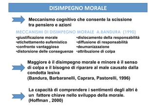 ٱѱʷұ M鴡 
      Meccanismo cognitivo che consente la scissione
      tra pensiero e azioni
MECCANISMI DI DISIMPEGNO MORALE A.BANDURA (1990)
• giustificazione morale          • dislocamento della responsabilità
• etichettamento eufemistico      • diffusione di responsabilità
• confronto vantaggioso           • deumanizzazione
• distorsione delle conseguenze   • attribuzione di colpa

      Maggiore è il disimpegno morale e minore è il senso
      di colpa e il bisogno di riparare al male causato dalla
      condotta lesiva
      (Bandura, Barbaranelli, Caprara, Pastorelli, 1996)

      La capacità di comprendere i sentimenti degli altri è
      un fattore chiave nello sviluppo della morale.
      (Hoffman , 2000)
 