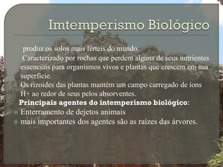  produz os solos mais férteis do mundo.
  Caracterizado por rochas que perdem alguns de seus nutrientes
  essenciais para organismos vivos e plantas que crescem em sua
  superfície.
 Os rizoides das plantas mantém um campo carregado de íons
  H+ ao redor de seus pelos absorventes.
 Principais agentes do intemperismo biológico:
 Enterramento de dejetos animais
 mais importantes dos agentes são as raízes das árvores.
 