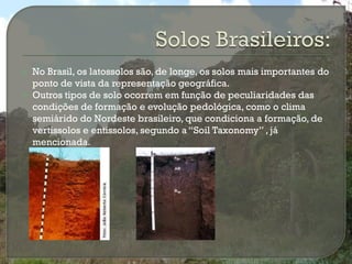    No Brasil, os latossolos são, de longe, os solos mais importantes do
    ponto de vista da representação geográfica.
   Outros tipos de solo ocorrem em função de peculiaridades das
    condições de formação e evolução pedológica, como o clima
    semiárido do Nordeste brasileiro, que condiciona a formação, de
    vertissolos e entissolos, segundo a “Soil Taxonomy” , já
    mencionada.
 