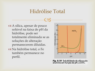 
 A sílica, apesar de pouco
solúvel na faixa de pH da
hidrólise, pode ser
totalmente eliminada se as
soluções de alteração
permanecerem diluídas.
 Na hidrólise total, o Fe
também permanece no
perfil.
Hidrólise Total
 