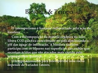 
 O intemperismo é bastante influenciado pela ação da
biosfera.
 Com a decomposição da matéria orgânica no solo,
libera CO2 que fica concentrado no solo diminuindo o
pH das águas de infiltração. A biosfera também
participa com os líquens nas superfícies das rochas que
secretam ácidos que são atacados mais rápido pelo
intemperismo químico
 O tempo necessário para intemperizar uma rocha
depende de variados fatores.
Biosfera & Tempo
 