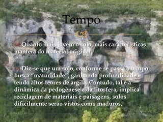 
 Quanto mais jovem o solo, mais características
manterá do material original.
 Diz-se que um solo, conforme se passa o tempo
busca “maturidade”, ganhando profundidade e
tendo altos teores de argila. Contudo, tal é a
dinâmica da pedogênese e da litosfera, implica
reciclagem de materiais e paisagens, solos
dificilmente serão vistos como maduros.
Tempo
 