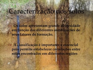 
 Os solos apresentam grande diversidade
em função das diferentes combinações de
seus fatores de formação.
 A classificação é importante e essencial
pois permite estabelecer correlações entre
solos encontrados em diferentes regiões
Caracterização dos solos
 