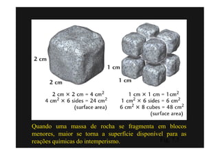 Quando uma massa de rocha se fragmenta em blocos
menores, maior se torna a superfície disponível para as
reações químicas do intemperismo.             Fig. 7.5
 