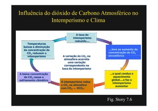 Influência do dióxido de Carbono Atmosférico no
              Intemperismo e Clima

                                   A taxa do
                                intemperismo
                                  reduzido....
     Temperaturas
  baixas e diminuição
  da concentração de                             ....leva ao aumento da
    CO2 reduzem o                                concentração de CO2
     intemperismo        A variação do CO2 na    atmosférico
                          atmosfera acarreta
                            uma variação
                          correspondente na
                        taxa do intemperismo

A baixa concentração                              ...o qual conduz o
    de CO2 causa o                                    aquecimento
esfriamento climático                               global....e faz o
                        O intemperismo reduz         intemperismo
                        o CO2 na atmosfera             aumentar
                        com CO2    HCO3-



                                                 Fig. Story 7.6
 