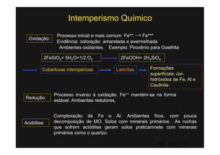 Intemperismo Químico
               Processo inicial e mais comum Fe++.   Fe+++
  Oxidação:
               Evidência: coloração amarelada e avermelhada
                Ambientes oxidantes. Exemplo: Piroxênio para Goethita

         2FeSiO3+ 5H2O+1/2 O2              2FeOOH+ 2H4SiO4

        Coberturas intempéricas          Lateritas      Formações
                                                        superficiais: óxi-
                                                        hidróxidos de Fe, Al e
                                                        Caulinita

              Processo inverso à oxidação. Fe++ mantém-se na forma
Redução:
              estável. Ambientes redutores.


              Complexação de Fe e Al. Ambientes frios, com pouca
Acidólise:    decomposição de MO. Solos com minerais primários . As rochas
              que sofrem acidólise geram solos praticamnete com minerais
              primários como o quartzo.

                                                            Fig. Story 7.6
 