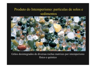 Produto do Intemperismo: partículas de solos e
                  sedimentos




Grãos desintegrados de diversas rochas matrizes por intemperismo
                        físico e químico         Fig. 7.17
 