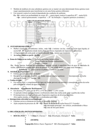 • Medida da tendência de uma substância química em se manter em uma determinada forma química (sem
reagir espontaneamente para transformar-se em uma forma química diferente)
• Um mineral é estável ou instável dependendo das condições do ambiente
Ex: Fd - estável em profundidade na crosta (T ↑, pouca água); instável á superfície (T↓, muita H2O)
- Qz – estável quimicamente à superfície - ( T ? de formação e ligações químicas covalentes )
TABELA DE ESTABILIDADE MINERAL
+ Estável Hematita
? Gibsita (Al Hidróxido)
? Qz
? Argilo-minerais
? Moscovita
? KFd
? Biotita
? Albita (Na)
? Anfibólios
? Piroxênios
? Anortita (Ca)
? Olivina
? Calcita
- Estável Halita
5. INTEMPERISMO FÍSICO
• Melhor visualizado em ambientes áridos, onde I.Q. é mínimo (na lua, onde não existe água líquida, só
ocorre I.F. → fragmentos desde muitos finos até blocos originados de impactos de meteoritos)
• A fragmentação da rocha pode ser favorecida pelo I.Q., mesmo que incipiente
• As rochas podem se partir devido:
a. Zonas de fraqueza na rocha : - Foliação em rochas metamórficas
- Estratificação nas Rochas Sedimentares
- Juntas = Fraturas
Ex: Rocha maciça, formada em profundidade, quando elevada à superfície, livre do peso de toneladas de
rochas, sofre fraturas geradas pelo alívio de pressão ? I.F. e I.Q. atuam para abrir essas fraturas
Exfoliação → placas curvas ou planas se destacam da rocha
b. Atividade de Organismos
• Esforço causado por raízes em fendas
• Raízes e bactérias que penetram em fendas causam reações químicas ⇒ decomposição da rocha ⇒
abertura da fenda ⇒ facilita I.F.
c. Cunhas de gelo
• Em regiões frias, o congelamento de água em fendas provoca sua abertura e conseqüente quebra da rocha
pelo aumento de volume da água congelada.
d. Alternância Aquecimento/ Resfriamento
• Em desertos,a T pode cair de 45o
C a 15o
C em 1 hora → a 0o
C à noite
• A repetição milenar de aquecimento e resfriamento diário das rochas pode gerar a quebra das rochas
• O intemperismo em regiões áridas gera fragmentos angulosos de diversos tamanhos.
(Em regiões úmidas, os fragmentos se arredondam pelo I.Q.)
e. Intemperismo esferoidal ou acebolamento
• Lâminas curvas se destacam de blocos de tamanhos variados
• Ação conjunta de processos de IF + IQ: Blocos se destacam da rocha fresca (I.F. ≡ erosão)
I.Q. decompõe principal/ nos vértices, arredondando o bloco
I.Q. atua de fora para dentro
6. ORGANOGRAMA DO INTEMPERISMO
• ROCHA-MÃE?? ? ? Clima (T, Chuvas) ? I.Q. (Dissolução; Alteração) ? Solos
?
? [TEMPO] [EROSÃO]
?
Topografia (Relevo Suave /Íngreme) ? I.F. (Desintegração) ? Solos
7. SOLOS
 