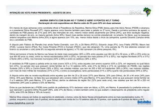 INTENÇÃO DE VOTO PARA PRESIDENTE – AGOSTO DE 2014 
MARINA EMPATA COM DILMA NO 1º TURNO E ABRE 10 PONTOS NO 2º TURNO 
Declaração de voto espontânea em Marina sobe de 5% para 22% em duas semanas 
Em menos de duas semanas como candidata oficial à Presidência da República, Marina Silva (PSB) deixou para trás Aécio Neves (PSDB) e alcançou 
a Dilma PT) aparece favorita º turno a presidente Rousseff (PT). Agora como também para bater a petista no 2 turno. Desde a primeira quinzena de agosto, a 
candidata do PSB passou de 21% para 34% das intenções de voto, mesmo índice obtido atualmente por Dilma (34%), que teve oscilação negativa, 
dentro da margem de erro, no mesmo período (tinha 36%). Quem mais perdeu terreno na corrida presidencial, no entanto, foi Aécio, que na pesquisa 
anterior empatava com Marina (tinha 20%) e agora aparece com 15%, seu menor índice desde o início da campanha, quando Eduardo Campos ainda 
era o candidato do PSB. 
A disputa pelo Palácio do Planalto traz ainda Pastor Everaldo, com 2%, e Zé Maria (PSTU), Eduardo Jorge (PV), Levy Fidelix (PRTB), Mauro Iasi 
(PCB), Luciana Genro (PSol), Rui Costa Pimenta (PCO) e Eymael (PSDC), que não atingiram 1%. Uma parcela de 7% dos eleitores votariam em 
branco ou anulariam o voto (ante 8% na segunda semana de agosto), e 7% não opinaram (na última pesquisa, 9%). 
Dilma permanece à frente de Marina nas faixas de idade mais avançadas (36% a 29% entre aqueles que têm de 45 a 59 anos, e 38% a 25% entre os 
que têm 60 anos ou mais), entre os menos escolarizados (44%¨a 25%), na parcela dos mais pobres (41% a 30%), nas regiões Nordeste (47% a 31%) 
e Norte (46% a 30%), nos menores municípios (44% a 29%) e entre os católicos (38% a 30%). 
A candidata do PSB supera a petista entre os mais jovens (42% a 31%), entre aqueles com ensino superior (43% a 22%, em segmento no qual Aécio 
tem 23%), na parcela dos que possuem renda familiar de 5 a 10 salários (44%, ante 21% de Dilma e 21% do candidato do PSDB), nas regiões 
Sudeste (35% a 26%) e Centro-Oeste (39% a 29%), nas cidades médias, que tem de 200 a 500 mil habitantes (38% a 26%), nas maiores cidades, 
com mais de meio milhão de moradores (37% a 27%), e entre os evangélicos, tanto pentecostais (41% a 30%) quanto não pentecostais (44% a 29%). 
A disputa entre elas se mostra equilibrada entre aqueles que têm de 25 a 34 anos (37% para Marina, 32% para Dilma), de 35 a 44 anos (34% para 
Dilma, 35% para Marina), na fatia dos que estudaram até o ensino médio (37% para Marina, 31% para Dilma), entre os que possuem renda familiar de 
2 a 5 salários (36% para Marina, 31% para Dilma), dentre os eleitores da região Sul (32% para cada uma), nas cidades que tem de 50 a 200 mil 
habitantes (34% para a petista e 33% de Marina). 
Entre os que declaram ter o PSDB como partido de preferência, 61% declaram votar em Aécio, e 25%, em Marina. A pessebista é a preferida entre os 
que reprovam o governo Dilma Rousseff (48%, ante 27% de Aécio), e lidera também entre os que avaliam o desempenho da presidente como regular 
(40%, ante 23% de Dilma e 18% do tucano). 
Marina Silva cresceu em todos os segmentos do eleitorado, e tomou votos de Aécio Neves principalmente entre os mais escolarizados (subiu 13 
pontos, enquanto o tucano caiu 8 pontos), entre aqueles com renda de 5 a 10 salários (alta de 15 pontos, com queda de 8 pontos de Aécio e de 5 
www.datafolha.com.br 
 