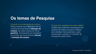 Período de busca: 1/10 a 30/11
Intenção e concretização de compra
Nesse capítulo de análise estudamos
usuários que expressam intenção de
compra nas redes sociais de forma
genérica. Comparamos os resultados
com posts que mencionaram marcas
e intenção de compra.
Os temas de Pesquisa
Os grandes varejistas nas redes sociais
Análise para entender a percepção dos
usuários de redes sociais em relação
aos varejistas mais populares: quais
reclamações, elogios e o contexto de
menção de cada marca.
 