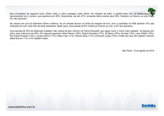 www.datafolha.com.br
Nas simulações de segundo turno, Dilma voltou a abrir vantagem sobre Aécio: em meados de julho, a petista tinha 44%, e estava empatada
tecnicamente com o tucano, que aparecia com 40%. Atualmente, ela tem 47%, enquanto Aécio oscilou para 39%. Votariam em branco ou nulo 9%, e
5% não opinaram.
No cenário em que se enfrentam Dilma e Marina, há um empate técnico no limite da margem de erro, com a candidata do PSB obtendo 47% das
intenções de voto, ante 43% da atual presidente. Neste caso, uma parcela de 6% votaria em branco ou nulo, e 4% não opinaram.
Uma parcela de 34% do eleitorado brasileiro não votaria de jeito nenhum em Dilma Rousseff, que segue como o nome mais rejeitado na disputa (em
julho, esse índice era de 35%). Em seguida aparecem Aécio Neves (18%), Pastor Everaldo (17%), Zé Maria (16%), Eymael (13%), Levy Fidelix (13%),
Rui Costa Pimenta (13%), Luciana Genro (11%), Mauro Iasi (11%), Marina Silva (11%) e Eduardo Jorge (10%). A fatia dos que não rejeitam nenhum
deles fica em 11%, e 3% rejeitam todos.
.
São Paulo, 15 de agosto de 2014
 
