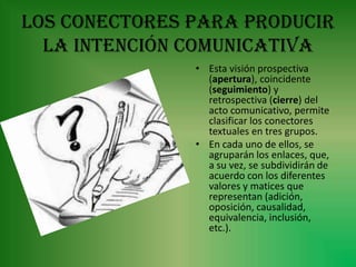 los conectores para producir
  la intención comunicativa
               • Esta visión prospectiva
                 (apertura), coincidente
                 (seguimiento) y
                 retrospectiva (cierre) del
                 acto comunicativo, permite
                 clasificar los conectores
                 textuales en tres grupos.
               • En cada uno de ellos, se
                 agruparán los enlaces, que,
                 a su vez, se subdividirán de
                 acuerdo con los diferentes
                 valores y matices que
                 representan (adición,
                 oposición, causalidad,
                 equivalencia, inclusión,
                 etc.).
 