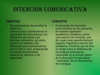 INTENCION COMUNICATIVA
OBJETIVO:                          CONCEPTO
• Nos planteamos desarrollar la    • El concepto de intención
  intención                          comunicativa se nos presenta,
  comunicativa, promoviendo la       en nuestro quehacer
  necesidad de comunicarse con       académico cotidiano, como
  diferentes personas y en           una especie de moneda, una
  distintos contextos, así como      de cuyas caras apunta hacia el
  conocer el método más              aspecto lingüístico-teórico del
  adecuado para comunicarnos         problema, mientras que la otra
  con el niño o niña propiciando     se dirige hacia la didáctica de
  un estado de bienestar             las lenguas extranjeras,
  emocional, afectivo y de           colocando en el primer plano
  seguridad.                         de la discusión la naturaleza
                                     “motivada” de los fenómenos
                                     de la lengua.
 