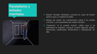 Paralelismo y
estados
mentales.  Deseo: Temple, Deseaba construir la casa de ilusión
óptica que su maestro le pidió.
 Deseo de saber: Se cuestionaba sobre si la podría
construir, y se inquietaba por saber hacerla.
 Creencia: "si la puedo hacer", sabia que si se
esforzaba lo lograría, aunque tuviera algunas dudas,
terminaba creyéndolo firmemente y trabajando en
ello.
 