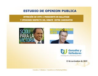 www.opinionautenticada.com
ESTUDIO DE OPINION PUBLICA
13 de noviembre de 2015
González y Valladares - Consultores en Marketing Político
 