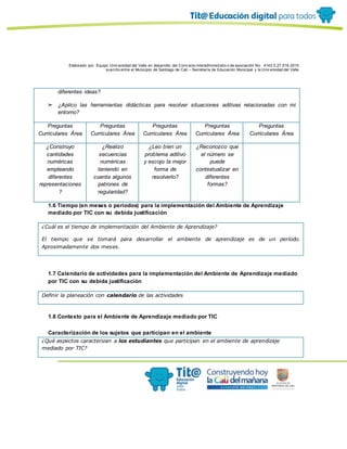 Elaborado por: Equipo Univ ersidad del Valle en desarrollo del Conv enio interadministrativ o de asociación No. 4143.0.27.016-2015
suscrito entre el Municipio de Santiago de Cali – Secretaría de Educación Municipal y la Univ ersidad del Valle
diferentes ideas?
➢ ¿Aplico las herramientas didácticas para resolver situaciones aditivas relacionadas con mi
entorno?
Preguntas
Curriculares Área
Preguntas
Curriculares Área
Preguntas
Curriculares Área
Preguntas
Curriculares Área
Preguntas
Curriculares Área
¿Construyo
cantidades
numéricas
empleando
diferentes
representaciones
?
¿Realizo
secuencias
numéricas
teniendo en
cuenta algunos
patrones de
regularidad?
¿Leo bien un
problema aditivo
y escojo la mejor
forma de
resolverlo?
¿Reconozco que
el número se
puede
contextualizar en
diferentes
formas?
1.6 Tiempo (en meses o periodos) para la implementación del Ambiente de Aprendizaje
mediado por TIC con su debida justificación
¿Cuál es el tiempo de implementación del Ambiente de Aprendizaje?
El tiempo que se tomará para desarrollar el ambiente de aprendizaje es de un período.
Aproximadamente dos meses.
1.7 Calendario de actividades para la implementación del Ambiente de Aprendizaje mediado
por TIC con su debida justificación
Definir la planeación con calendario de las actividades
1.8 Contexto para el Ambiente de Aprendizaje mediado por TIC
Caracterización de los sujetos que participan en el ambiente
¿Qué aspectos caracterizan a los estudiantes que participan en el ambiente de aprendizaje
mediado por TIC?
 
