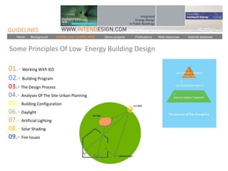 GUIDELINES
    Home   Background   DOWNLOAD GUIDELINES   Demo projects   Publications   Web resources   Internet database



Some Principles Of Low Energy Building Design

01.- Working With IED
02.- Building Program
03.- The Design Process
04.- Analyses Of The Site-Urban Planning
05.- Building Configuration
06.- Daylight
07.- Artificial Lighting
08.- Solar Shading
09.- Fire Issues
 