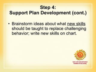 Step 4: Support Plan Development (cont.) Brainstorm ideas about what  new skills  should be taught to replace challenging behavior; write new skills on chart. 