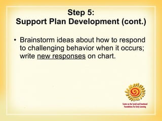 Step 5: Support Plan Development (cont.) Brainstorm ideas about how to respond to challenging behavior when it occurs; write  new responses  on chart. 