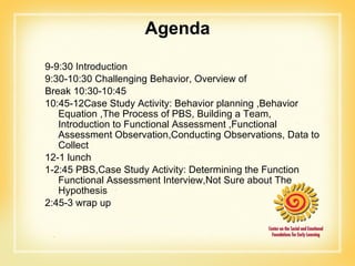 Agenda 9-9:30 Introduction  9:30-10:30 Challenging Behavior, Overview of Break 10:30-10:45 10:45-12Case Study Activity: Behavior planning ,Behavior Equation ,The Process of PBS, Building a Team, Introduction to Functional Assessment ,Functional Assessment Observation,Conducting Observations, Data to Collect 12-1 lunch 1-2:45 PBS,Case Study Activity: Determining the Function Functional Assessment Interview,Not Sure about The Hypothesis 2:45-3 wrap up 