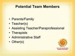 Potential Team Members Parents/Family Teacher(s) Assisting Teacher/Paraprofessional Therapists Administrative Staff Other(s) 