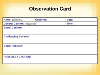 Observation Card Name:   Segment 2  Observer: Date: General Context:   Playground Time: Social Context: Challenging Behavior: Social Reaction: POSSIBLE FUNCTION: 