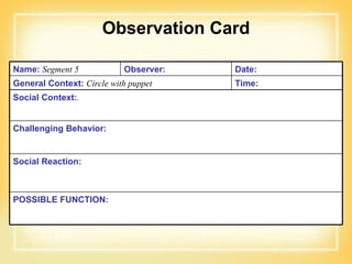 Observation Card Name:   Segment 5  Observer: Date: General Context:   Circle with puppet Time: Social Context: .  Challenging Behavior: Social Reaction: POSSIBLE FUNCTION: 