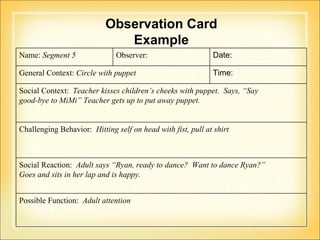 Observation Card Example Name:  Segment 5 Observer:  Date:  General Context:  Circle with puppet Time:  Social Context:  Teacher kisses children’s cheeks with puppet.  Says, “Say  good-bye to MiMi” Teacher gets up to put away puppet.  Challenging Behavior:  Hitting self on head with fist, pull at shirt  Social Reaction:  Adult says “Ryan, ready to dance?  Want to dance Ryan?”  Goes and sits in her lap and is happy.  Possible Function:  Adult attention 