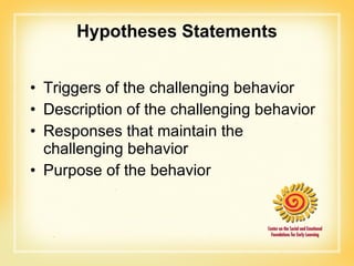 Hypotheses Statements Triggers of the challenging behavior Description of the challenging behavior Responses that maintain the challenging behavior Purpose of the behavior 