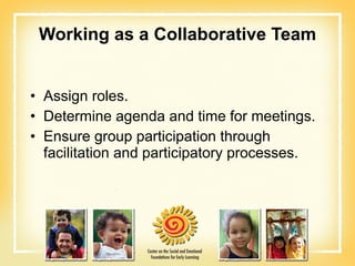 Working as a Collaborative Team Assign roles. Determine agenda and time for meetings. Ensure group participation through facilitation and participatory processes. 