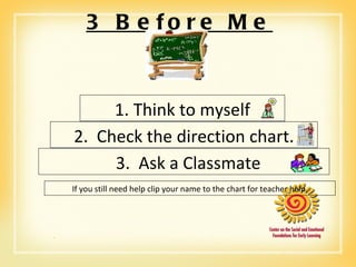 3 Before Me 1. Think to myself 2.  Check the direction chart. 3.  Ask a Classmate If you still need help clip your name to the chart for teacher help. 