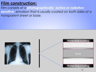 20
Film construction:
Film consists of a photographically active or radiation
sensitive, emulsion that is usually coated on both sides of a
transparent sheet or base.
EMULSION
EMULSION
 