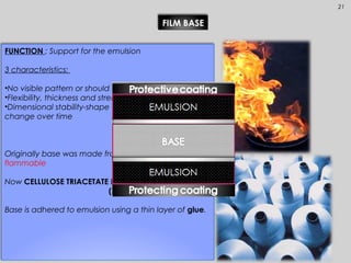 21
FUNCTION : Support for the emulsion
3 characteristics:
•No visible pattern or should not absorb light
•Flexibility, thickness and strength-ease of processing
•Dimensional stability-shape and size should not
change over time
Originally base was made from CELLULOSE NITRATE –
flammable
Now CELLULOSE TRIACETATE BASE and POLYESTER
(DMT and Ethylene glycol)
Base is adhered to emulsion using a thin layer of glue.
FILM BASE
 