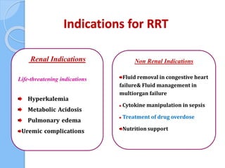 Indications for RRT
Renal Indications
Life-threatening indications
Hyperkalemia
Metabolic Acidosis
Pulmonary edema
Uremic complications
Non Renal Indications
Fluid removal in congestive heart
failure& Fluid management in
multiorgan failure
Cytokine manipulation in sepsis
Treatment of drug overdose
Nutrition support
 