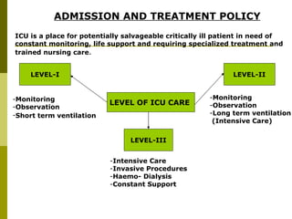 ADMISSION AND TREATMENT POLICY   ICU is a place for potentially salvageable critically ill patient in need of constant mon...
