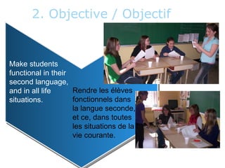 2. Objective / Objectif


 Make students
 functional in their
 second language,
 and in all life     Rendre les élèves
 situations.         fonctionnels dans
                     la langue seconde,
                     et ce, dans toutes
                     les situations de la
                     vie courante.


Intensive English By Geneviève Charland
                                            5
 