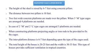  The height of the shed is raised by 6-7 feet using concrete pillars.
 The distance between two pillars is 10 feet.
 Two feet wide concrete platforms are made over the pillars. When 3 ‘M’ type cages
are arranged 4 platforms are needed.
 In case of 2 ‘M’ and 2 ‘L’ type cages are arranged 3 platforms are needed.
 When constructing platforms projecting angles or iron rods to be provided to fix
the cages.
 The inter-platform distance is 6-7 feet depending upon the type of the cages used.
 The total height of the house is 20-25 feet and the width is 30-33 feet. This type of
houses provides sufficient ventilation in tropical countries.
ELEVATED CAGE LAYER HOUSE
 