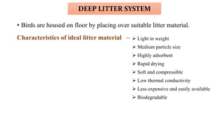 • Birds are housed on floor by placing over suitable litter material.
Characteristics of ideal litter material –
DEEP LITTER SYSTEM
 Light in weight
 Medium particle size
 Highly adsorbent
 Rapid drying
 Soft and compressible
 Low thermal conductivity
 Less expensive and easily available
 Biodegradable
 