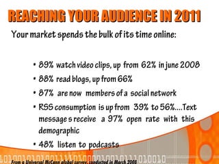REACHING YOUR AUDIENCE IN 2011
Your market spends the bulk of its time online:

      • 89% watch video clips, up from 62% in june 2008
      • 88% read blogs, up from 66%
      • 87% are now members of a social network
      • RSS consumption is up from 39% to 56%....Text
        message s receive a 97% open rate with this
        demographic
      • 48% listen to podcasts
 