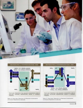 Intensivismo25
Figura 15: Tercer paso: Oeterminar si la Respuesta Compensatoria
a la Alca/osis Respiratoria es adecuada.
Tercer paso: Determinar si hay respuesta compensatoria y esta es
adecuada: ALCALOSIS RESPIRATORIA AGUDA 0 CRONICA
PRIMARIA
• HC03- = 0,2 x • PaC02 (AGUDO)
• HC03- = 0,5 x .PaC02 (CRONICO)
SEIS PASOS PARA LA INTERPRETACION ACIDO - BASE
Figura 14: Tercer paso: Oeterminar si la Respuesta Compensatoria
a la Acidosis Respiratoria es adecuada.
Tercer paso: Determinar si hay respuesta compensatoria y esta es
adecuada: ACIDOSIS RESPIRATORIA AGUDA 0 CRONICA
PRIMARIA
pH
.HC03- = 0,1 x .PaC02 (AGUDO)
.HC03- = 0,4 x .PaC02 (CRONICO)
SEIS PASOS PARA LA INTERPRETACION ACIDO - BASE
 