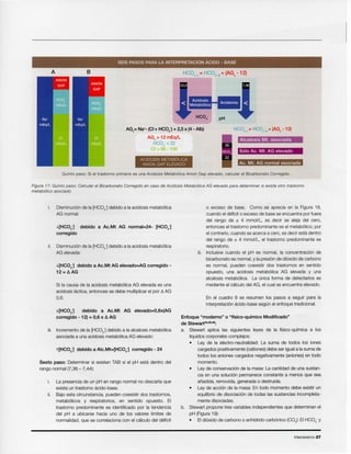 Intensivismo27
Enfoque "moderno" 0 "flsico-qufrnico Modificado"
de Stewart4'4,45,46:
a. Stewart aplica las siguientes leyes de la ffsico-qufmica a los
Ifquidoscorporalescomplejos:
Ley de la electro-neutralidad: La suma de todos los iones
cargados positivamente(cationes)debe ser iguala la suma de
todos los aniones cargados negativamente(aniones)en todo
momento.
• Ley de conservaci6nde la masa: La cantidad de una sustan-
cia en una soluci6n permanece constante a menos que sea
anadida, removida,generada0 destruida.
• Ley de acci6n de la masa: En todo momenta debe existir un
equilibrio de disociaci6n de todas las sustancias incompleta-
mente disociadas.
b. Stewart propone tres variablesindependientesque determinanel
pH (Figura19):
EIdi6xido de carbono 0 anhidridocarb6nico (C02): EIHC03- Y
En el cuadro 8 se resumen los pasos a seguir para la
interpretaci6nacido-base segun el enfoquetradicional.
o exceso de base. Como se aprecia en la Figura 18,
cuando el deficit 0 exceso de basese encuentrapor fuera
del rango de ± 4 mmol/L, es decir se aleja del cero,
entonces el trastorno predominantees el metab6lico; por
elcontrario, cuando se acercaa cera, es decir esta dentro
del rango de ± 4 mmol/L, el trastorno predominante es
respiratorio.
iii. Inclusive cuando el pH es normal, la concentraci6n de
bicarbonatoes normal,y lapresi6nde di6xido de carbono
es normal, pueden coexistir dos trastornos en sentido
opuesto, una acidosis metab61icaAG elevada y una
alcalosis metab6lica. La (mica forma de detectarlos es
medianteel calculo del AG, el cual se encuentraelevado.
La presenciade un pH en rango normal no descarta que
exista un trastorno acido-base.
ii. Bajo esta circunstancia,pueden coexistir dos trastornos,
metab61icos y respiratorios, en sentido opuesto. EI
trastorno predominante es identificado por la tendencia
del pH a ubicarse hacia uno de los valores limites de
normalidad, que se correlacionacon el calculo del deficit
Sexto paso: Determinarsi existen TAB si el pH esta dentro del
rango normal (7,36- 7,44):
1'[HCOs-] debido a Alc.Mt=[HCOs-] corregido - 24
iii. Incrementode la [HC03-] debido a la alcalosismetab61ica
asociada a una acidosis metab61icaAG elevado:
J.[HCOJ debido a Ac.Mt AG elevado=0,6x(AG
corregido - 12) = 0,6 x II AG
Si la causa de la acidosis metab61icaAG elevadaes una
acidosis lactica, entonces se debe multiplicarel por 11AG
0,6.
J.[HCOs-] debido a Ac.Mt AG elevado=AG corregido -
12 = II AG
ii. Disminuci6nde la [HC03-] debido a la acidosismetab61ica
AG elevada:
J.[HCOs-] debido a Ac.Mt AG normal=24- [HCOs-]
corregido
Disminuci6nde la [HC03-] debido a la acidosismetab6lica
AG normal:
Figura 17: Quinto paso: Calcular el Bicarbonato Corregido en caso de Acidosis Metab61ica AG elevado para determinar si existe otro trastorno
metab61ico asociado
Quinto paso: Si el trastorno primario es una Acidosis Metab61ica Anion Gap elevado, calcular el Bicarbonato Corregido.
Ac. Mt. AG normal asociada
S610 Ac. Mt. AG elevado
Alcalosis Mt. asociada
ACIDOSIS METABOUCA
ANION GAP ELEVADO
AGe= Na+- (CI-+ HCOs-) + 2,5 x (4 - Alb)
AGe> 12 mEq/L
HCOs-<22
CI-= 96 -106
SEIS PASOS PARA LA INTERPRETACION ACIDO - BASE
BA
 