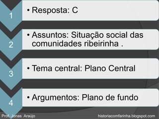 • Resposta: C
   1

             • Assuntos: Situação social das
   2           comunidades ribeirinha .

             • Tema central: Plano Central
   3

             • Argumentos: Plano de fundo
   4
Prof. Jonas Araújo              historiacomfarinha.blogspot.com
 