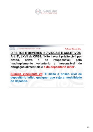 35
Professor Roberto Silva
DIREITOS E DEVERES INDIVIDUAIS E COLETIVOS
Art. 5º, LXVII da CF/88: “Não haverá prisão civil por
dívida, salvo a do responsável pelo
inadimplemento voluntário e inescusável de
obrigação alimentícia e a do depositário infiel”.
Súmula Vinculante 25: É ilícita a prisão civil de
depositário infiel, qualquer que seja a modalidade
do depósito.
 
